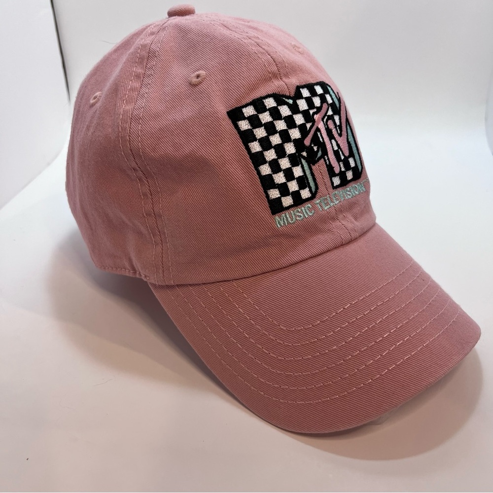MTV logo Baseball Cap pink 100% Cotton Adjustable tab back cap EUC